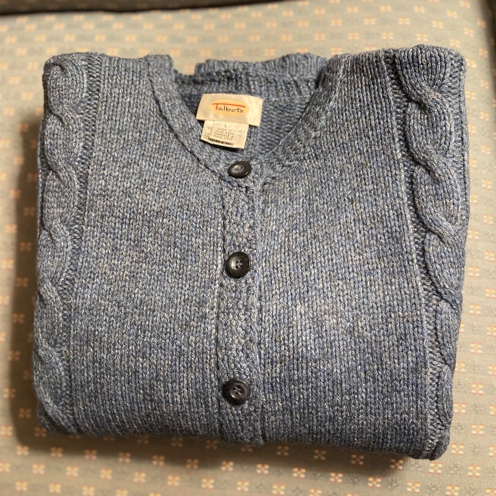 Talbots Merino Wool Dusty Blue Cable Knit Cardigan Sweater; Large; Perfect